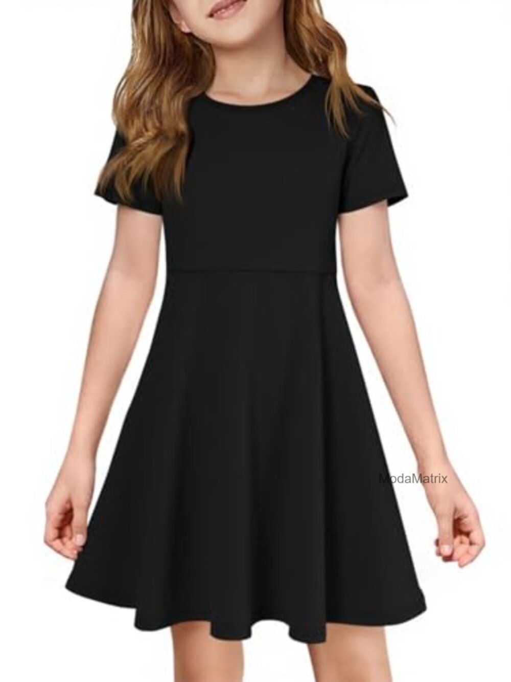 Girls Casual A-Line Swing Dress Short Sleeve Summer Knee Length
